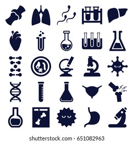 Biology icons set. set of 25 biology filled icons such as test tube, microscope, stomach, liver, heart organ, bladder, bone, bacteria, x ray, heart test tube, dna, lungs
