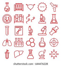 Biology icons set. set of 25 biology outline icons such as test tube, microscope, liver, lungs, bladder, bone, bacteria, x ray, heart test tube, dna, sperm, broken leg or arm