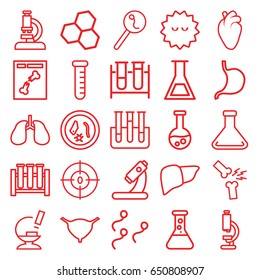 Biology icons set. set of 25 biology outline icons such as test tube, microscope, stomach, liver, heart organ, lungs, bladder, bacteria, x ray, search sperm, dna, sperm