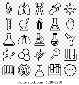 Biology icons set. set of 25 biology outline icons such as test tube, heart organ, lungs, bone, bacteria, heart test tube, microscope, search sperm, dna, sperm