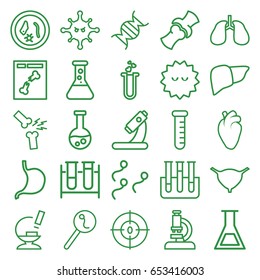 Biology icons set. set of 25 biology outline icons such as test tube, microscope, stomach, liver, heart organ, lungs, bladder, bone, bacteria, x ray, heart test tube