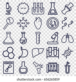 Biology icons set. set of 25 biology outline icons such as test tube, microscope, stomach, liver, heart organ, lungs, bone, bacteria, x ray, heart test tube, search sperm, dna