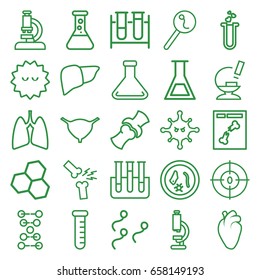 Biology icons set. set of 25 biology outline icons such as test tube, liver, heart organ, bladder, bone, bacteria, x ray, heart test tube, microscope, search sperm, dna, lungs