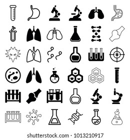 Biology icons. set of 36 editable filled and outline biology icons such as test tube, lungs, dna, stomach, heart test tube, sperm, microscope, chemical structure, bone