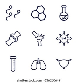 Biology icons set. set of 9 biology outline icons such as lungs, bladder, bone, bacteria, sperm, broken leg or arm, test tube
