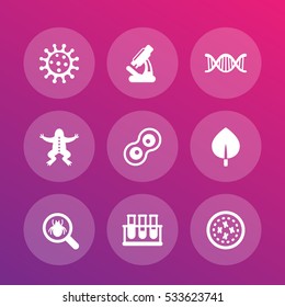 Biology icons set, cell division, microscope, test-tubes, virus, microbe, microorganism