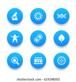 Biology icons set, cell division, microscope, test-tubess, microbe, microorganism