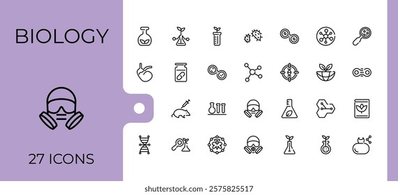 Biology icons set. Featuring molecular, tube, virus, cell, physics, equipment, biology, scientific. Icons for UI. Editable stroke.