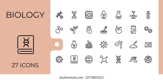 Biology icons set. Featuring molecular, tube, virus, cell, physics, equipment, biology, scientific. Icons for UI. Editable stroke.