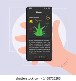 Biology knowledge smartphone interface vector template. Mobile app page black design layout. Photosynthesis description screen. Flat UI for application. Hand holding phone with subject info on display