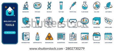 Biology Lab flat icon set. 24 vector line icons: microscope, petri dish, dna helix, test tube, pipette, flask round, cell, leaf sample, bacteria badge. Editable isolated symbols for web, app and infog