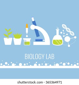 Biology laboratory concept. Science equipment and research process. Vector illustration.