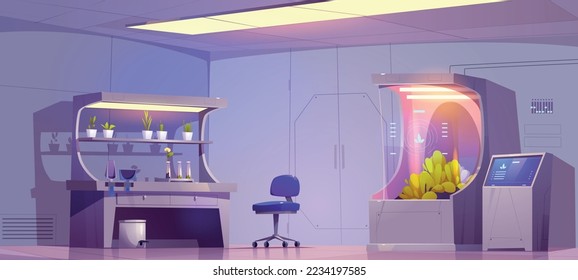 Biology laboratory for plants research, science tests and experiments. Biotechnology lab interior with scientific equipment for breeding and analysis herbs, vector cartoon illustration