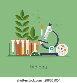 Biology laboratory workspace and science equipment concept. Flat design vector illustration.