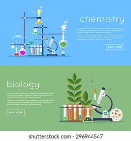 Biology laboratory workspace and science equipment concept. Chemistry laboratory workspace and science equipment concept. Flat design vector illustration.