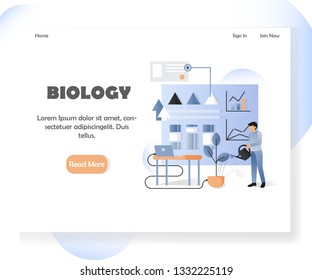 Biology landing page template. Vector illustration of biologist doing biological experiment at science lab using modern technology. Scientific research concept for website and mobile site development.