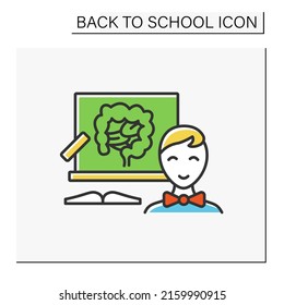 Biology lesson color icon. Schoolboy learn anatomy due presentation on blackboard. Education concept. Isolated vector illustration