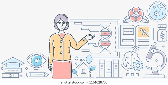 Biology lesson - colorful line design style illustration on white background. A composition with a female teacher standing at the board. Images of microscope, flasks, books, timer, pipette