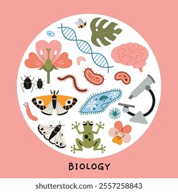 Biology lesson at school, science. Round composition with microscope, microorganisms, brain, insects, frog and plants. Education concept. Vector illustration isolated on white, hand drawn, flat