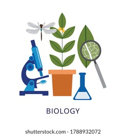 Biology lessons and school classes banner or logo design, flat vector illustration isolated on white background. Biology studying in school and university emblem.