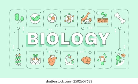 Biology light green word concept. School subject. Human anatomy. Genetics. Microbiology. Typography banner. Vector illustration with title text, editable icons color