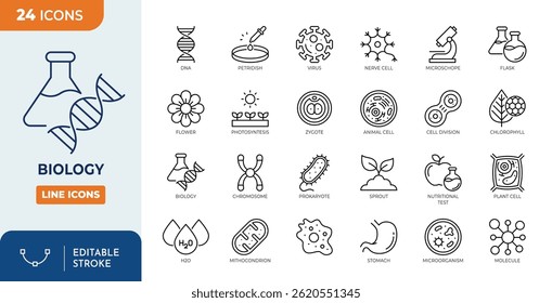 conjunto de ícones editáveis da linha de biologia. conjunto de ícones do laboratório de ciências biológicas. Traçado editável. Ilustração vetorial