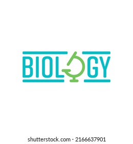 biology logo with microscope on white background. turquoise biology word and green microscope symbol