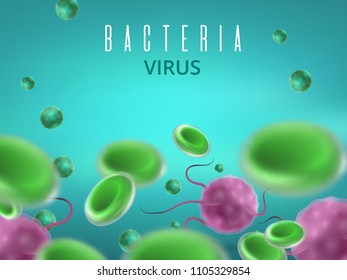 Biology medical science concept. Abstract vector background with cells and viruses. Medical cell and biology research microscopic illustration