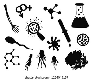 biology microbes and molecules invitro vector silhouettes set. isolated objects.