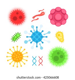 Biology microorganisms, bacteria virus, microbes, germs and bacilli. Vector illustration icon set isolated on white background