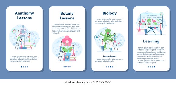 Biology mobile application banner set. Scientist exploring human and nature. Anatomy and botany lesson. Idea of education and experiment. Vector illustration in cartoon style