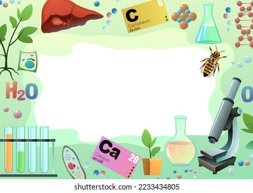 Biology objects with space for text. Image of science subjects. Study of living cells of plants, animals and humans. Isolated on white background. Vector