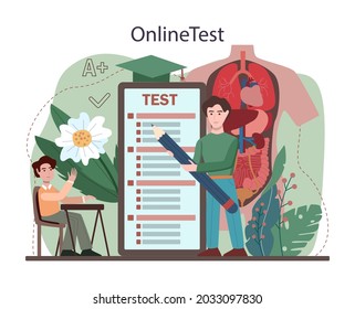 Biology online service or platform. Students exploring nature and living organism structure. Idea of academic education. Online test. Vector flact illustration