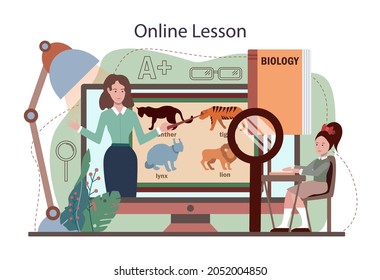 Biology Online Service Or Platform. Students Exploring Nature And Living Organism Structure. Idea Of Academic Education. Online Lesson. Vector Flact Illustration