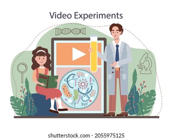 Biology Online Service Or Platform. Students Exploring Nature And Living Organism Structure. Idea Of Academic Education. Video Experiments. Vector Flact Illustration