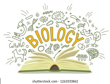 Biology. Open book with doodles with lettering. Education vector illustration.