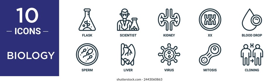 Biology Outline Icon Set enthält Dünne Linie Kolben, Wissenschaftler, Niere, XX, Bluttropfen, Sperma, Leber Icons für Bericht, Präsentation, Diagramm, Web-Design