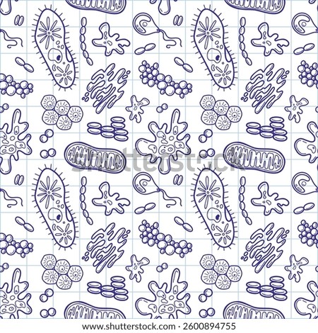 Biology outline pattern with microbe, cells. Science blak ink vector illustration. Cells hand drawn background
