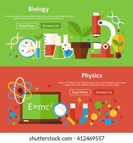 Biology and Physics Flat Website Banners Set. Vector Illustration for Website banner and landing page. Education and Science Modern Design.
