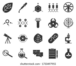Biology, plants. Bioengineering glyph icons set. Biotechnology for health, researching, materials creating. Molecular biology, biomedical and molecular engineering