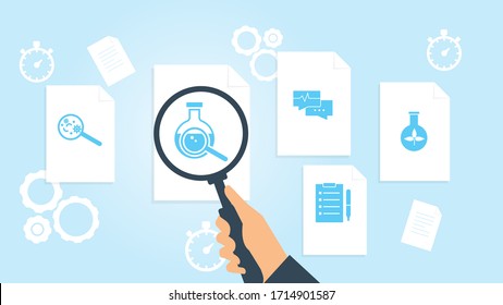 Biology, plants file, document research vector illustration. Document with search icons. File and magnifying glass. Analytics research sign. Vector Illustration