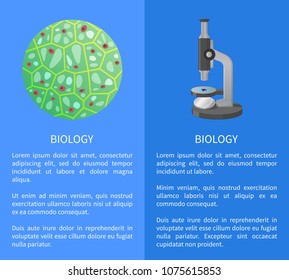 Biology poster with cell and microscope device vector illustrations with text isolated on blue background. Microbiology concept with microorganisms