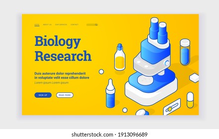 Biology research. Blue microscope and lab equipment icons. Website template offering to learn about biology research on Internet. Isometric web banner, landing page template