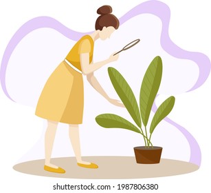 Biology research concept in flat style: one researcher holding a magnifying glass and observing the growth in a pot. Vector illustration