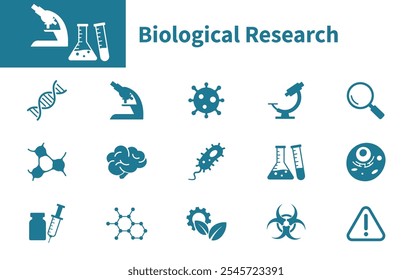 Biology research icon. Set of icons for biotechnology, DNA, ecology, molecules, microorganisms, microscopes.