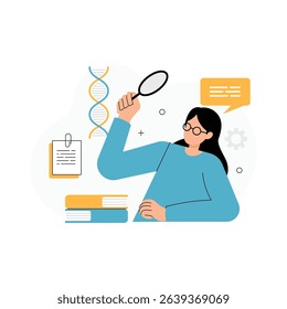 Biology Research Illustration. Vector illustration of a female student examining a DNA strand with a magnifying glass