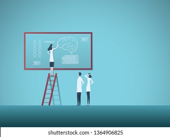 Biology research vector concept with woman explaining DNA chains to colleagues. Symbol of natural science, analysis, genetics, modern technology. Eps10 vector illustration.