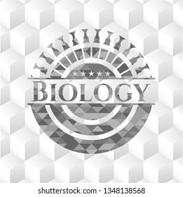 Biology retro style grey emblem with geometric cube white background