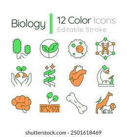 Biology RGB color icons set. School subject. Human anatomy. Genetics. Microbiology. Living organisms. Isolated vector illustrations. Simple filled line drawings collection. Editable stroke