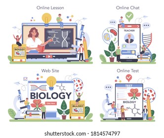 Biology school online service or platform set. Scientist exploring human and nature. Anatomy and botany lesson. Online lesson, chat with professor, website, test. Vector illustration